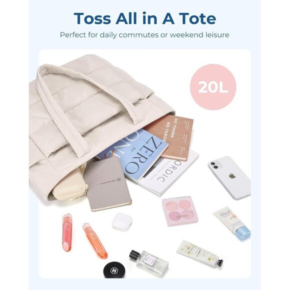 Women White Lightweight Puffy Tote Bag with Compartments, Quilted Shoulder Bag - Picture 3 of 7